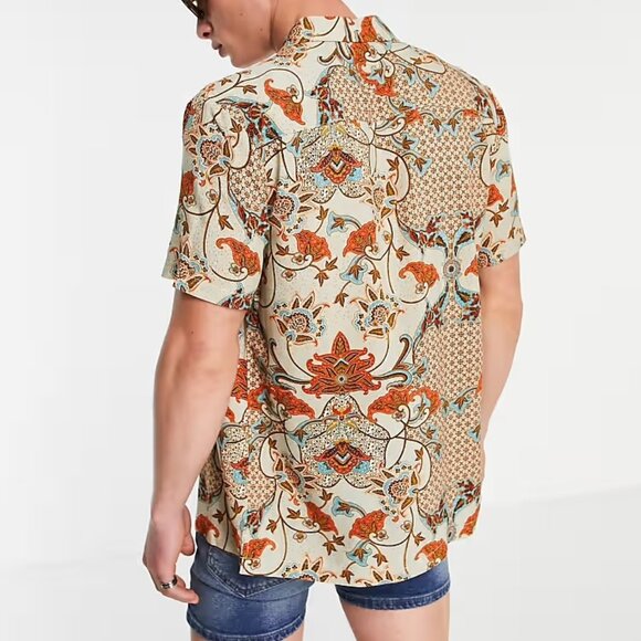 NEW ASOS DESIGN regular shirt in paisley print in tan - Picture 2 of 8